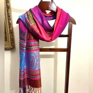 Rainbow colored light weight scarf with tapestry border Bright Rave Scarf wrap